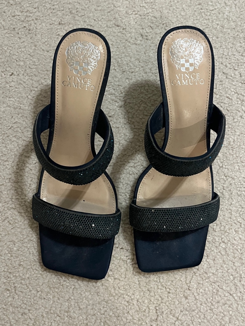 Vince Camuto Black Two-Band Square-Toe Slip-On Heeled Mules